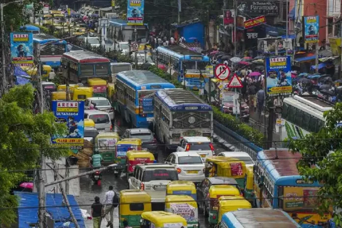 Vehicles stuck in a traffic jam following rainfall, in Kolkata, Monday, July 7, 2025. PTI