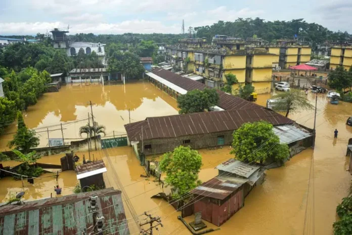 A flooded residential area after heavy rainfall, in Dimapur, Nagaland, Sunday, July 6, 2025. PTI