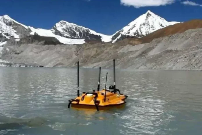 A drone deployed on the Rathong lake in Gyalshing district for scientific study. Picture courtesy: Sikkim government/The Telegraph