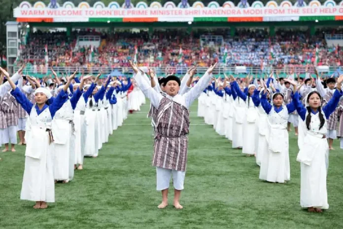 Members of the Lepcha community of Sikkim perform in their traditional dress during the State Day celebations in May at the Paljor Stadium, Gangtok. File picture/The Telegraph