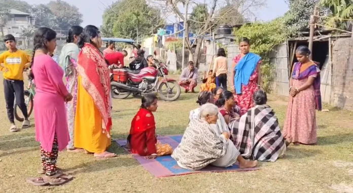 Police at the Kanchanbari home of Biplab, the eighth-grade student found dead, as locals gather in shock.