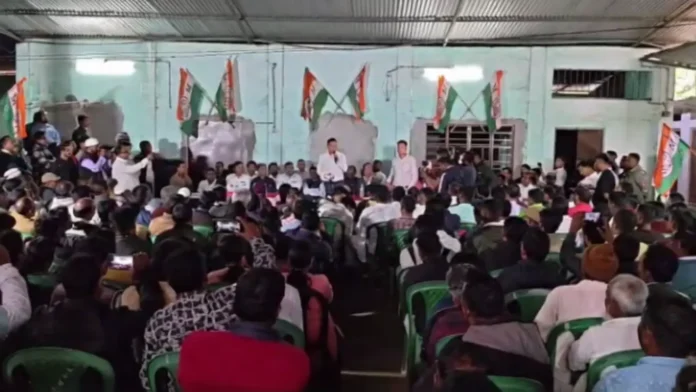 TMC leaders and workers attend a meeting in Belakoba to support candidate Swapna Barman, amid notable absences that sparked political discussion. Saturday, 21 March 2026.