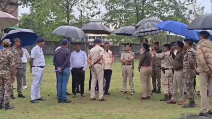 Preparations underway at Nand Prasad Balika Vidyalaya ground in Naxalbari ahead of Mamata Banerjee’s March 24 rally, with stage setup and security arrangements in progress. Saturday, 21 March 2026.