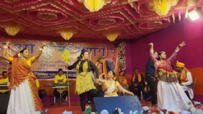 Women in colourful traditional attire perform Ghoomar dance during Gangaur Utsav at Gandhi Maidan in Siliguri. Saturday, 21 March 2026.