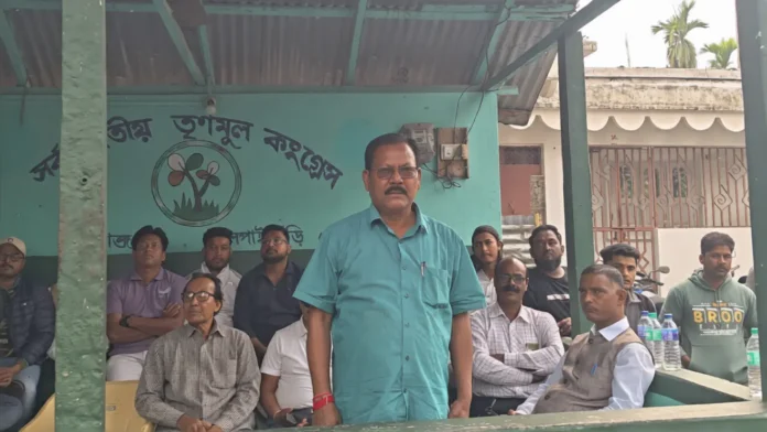 TMC leaders and workers attend a meeting in Rajganj to extend support to candidate Swapna Barman, as senior leader Khageswar Roy discusses poll strategy and campaign plans. Tuesday, 24 March 2026.