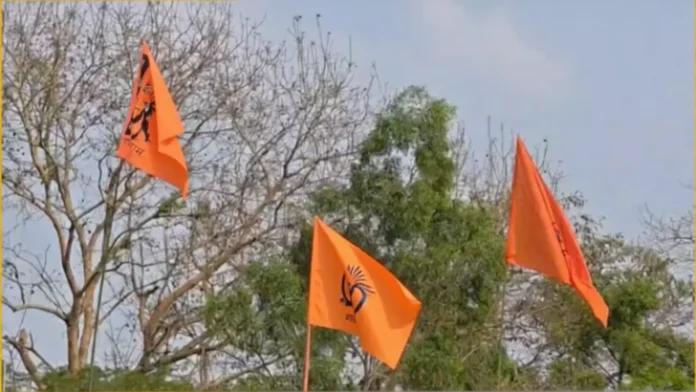 Ram Navami flags put up at Belakoba’s Battala More amid heightened tension following the alleged police intervention. Thursday, 26 March 2026.