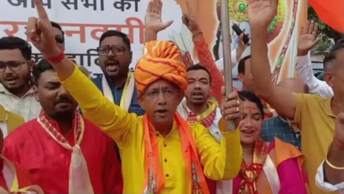 Gautam Deb greets BJP leaders with “Jai Shri Ram” near a party stage during the Ram Navami procession in Siliguri, highlighting a moment of unity across political lines. Friday, 27 March 2026.