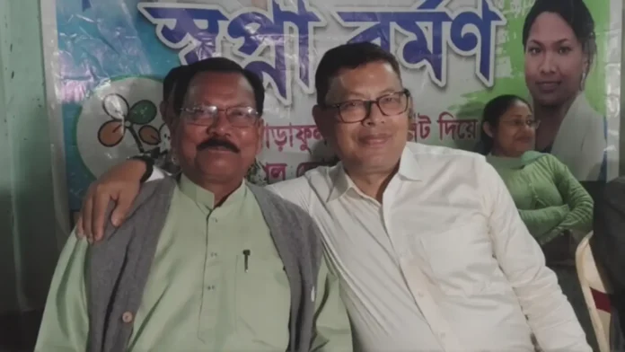 Krishna Das and Khageswar Roy share a moment of unity at Belakoba Harimandir, rallying party workers in support of Swapna Barman ahead of the elections. Monday, 30 March 2026.