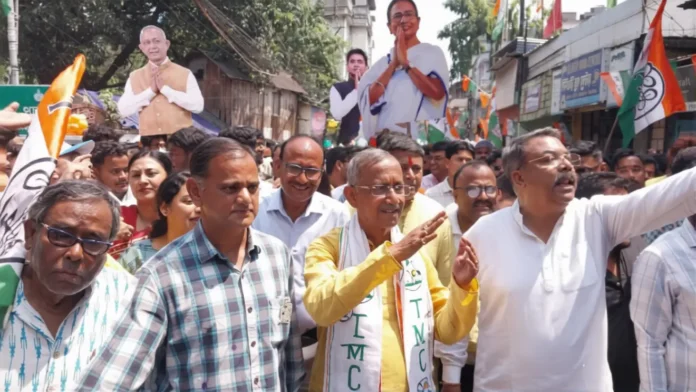 TMC candidate Gautam Deb files nomination in Siliguri as party leaders and supporters join a rally to the SDO office. Thursday, 02 April 2026.