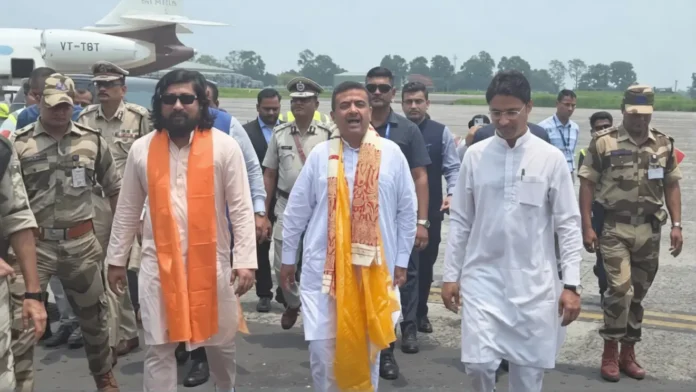 Chief Minister Suvendu Adhikari being welcomed by BJP leaders and supporters at Bagdogra Airport during his Siliguri visit on Wednesday. 20 May 2026.