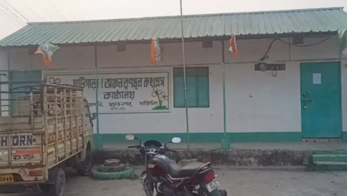 The TMC party office in Siliguri's Kawakhali, which has received a demolition notice from the SJDA over alleged unauthorised construction. Sunday, 24 May 2026.